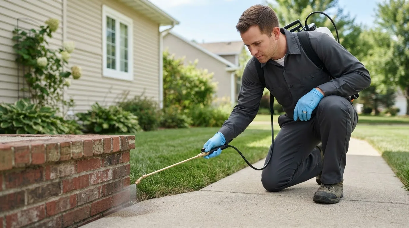 Pest control technician treating a home near Kinnear, WY